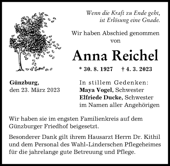 Traueranzeige von Anna Reichel von Günzburger Zeitung