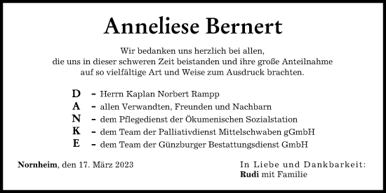 Traueranzeige von Anneliese Bernert von Günzburger Zeitung
