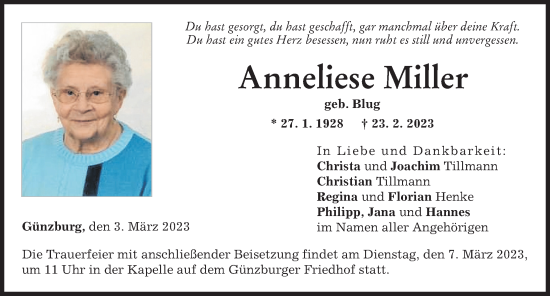 Traueranzeige von Anneliese Miller von Günzburger Zeitung