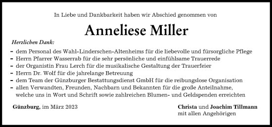 Traueranzeige von Anneliese Miller von Günzburger Zeitung