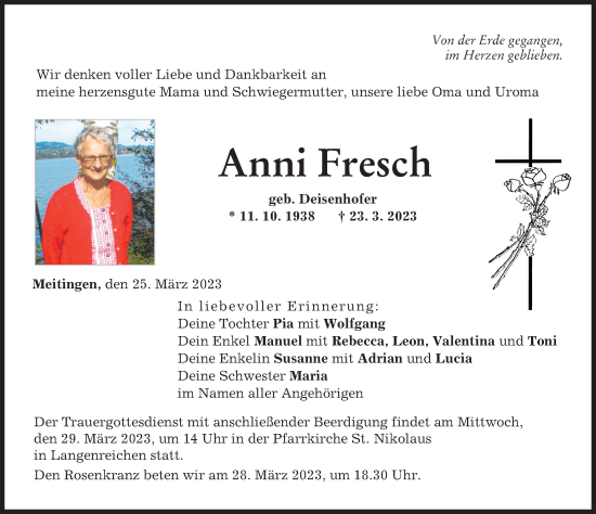 Traueranzeige von Anni Fresch von Augsburg-Land