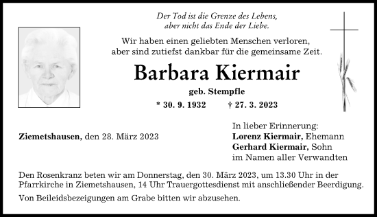 Traueranzeige von Barbara Kiermair von Mittelschwäbische Nachrichten