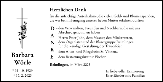 Traueranzeige von Barbara Wörle von Rieser Nachrichten