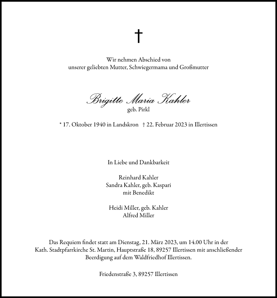  Traueranzeige für Brigitte Maria Kahler vom 11.03.2023 aus Illertisser Zeitung