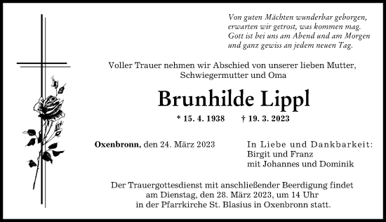 Traueranzeige von Brunhilde Lippl von Günzburger Zeitung