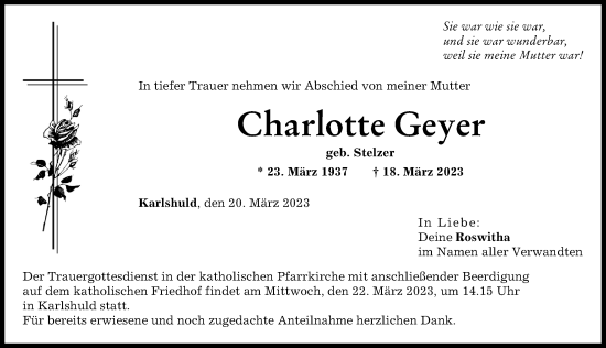 Traueranzeige von Charlotte Geyer von Neuburger Rundschau