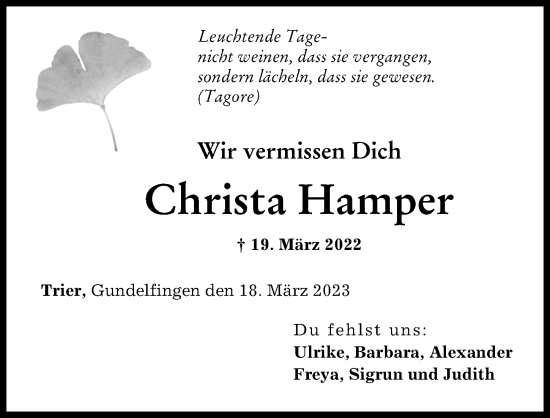 Traueranzeige von Christa Hamper von Donau Zeitung