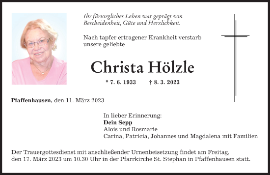 Traueranzeige von Christa Hölzle von Mindelheimer Zeitung