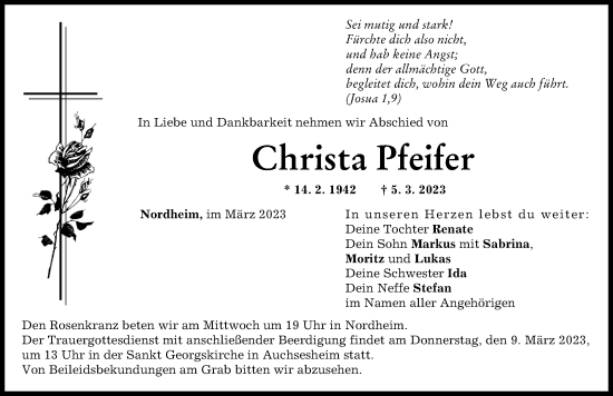 Traueranzeige von Christa Pfeifer von Donauwörther Zeitung