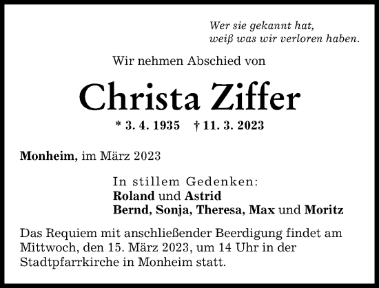 Traueranzeige von Christa Ziffer von Donauwörther Zeitung