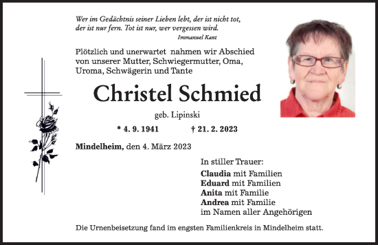 Traueranzeige von Christel Schmied von Mindelheimer Zeitung