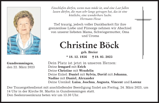 Traueranzeige von Christine Böck von Günzburger Zeitung