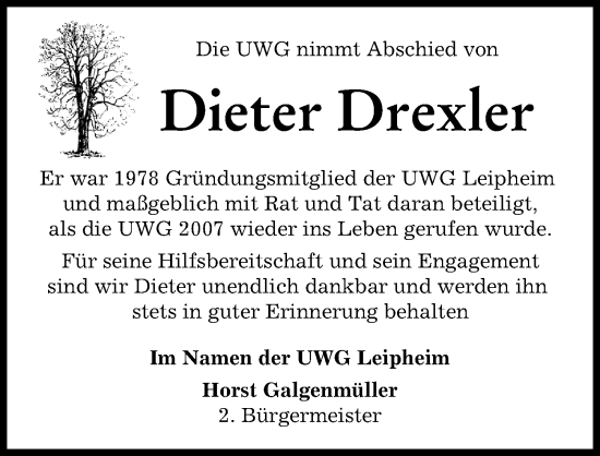 Traueranzeige von Dieter Drexler von Günzburger Zeitung