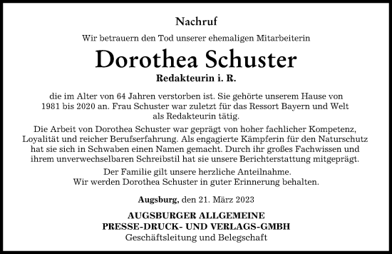 Traueranzeige von Dorothea Schuster von Augsburger Allgemeine