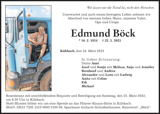 Traueranzeige von Edmund Böck von Aichacher Nachrichten