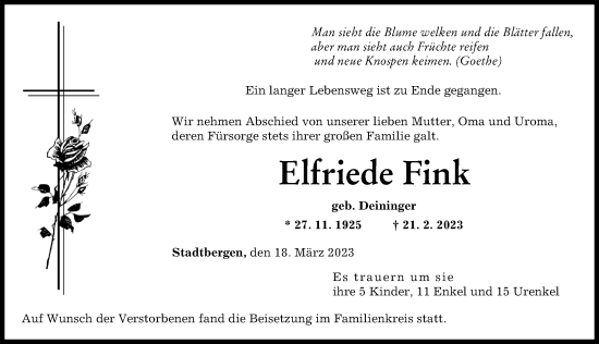Traueranzeige von Elfriede Fink von Augsburger Allgemeine