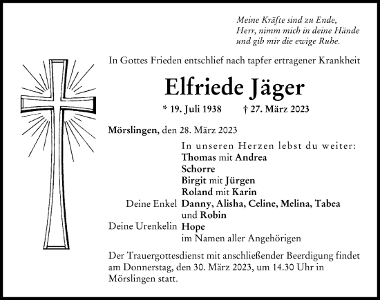 Traueranzeige von Elfriede Jäger von Donau Zeitung