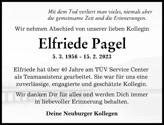 Traueranzeige von Elfriede Pagel von Neuburger Rundschau