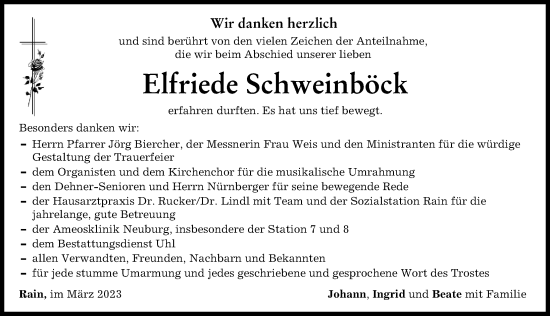 Traueranzeige von Elfriede Schweinböck von Donauwörther Zeitung