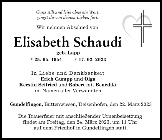 Traueranzeige von Elisabeth Schaudi von Donau Zeitung