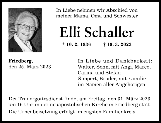 Traueranzeige von Elli Schaller von Augsburger Allgemeine