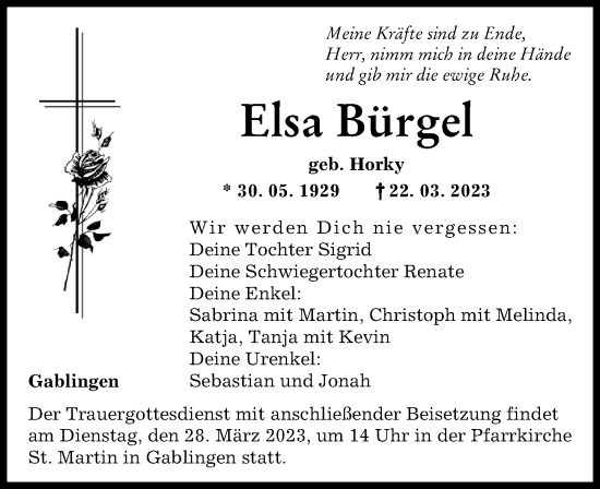 Traueranzeige von Elsa Bürgel von Augsburger Allgemeine