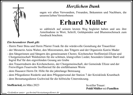 Traueranzeige von Erhard Müller von Mittelschwäbische Nachrichten