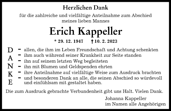 Traueranzeige von Erich Kappeller von Augsburger Allgemeine