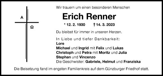 Traueranzeige von Erich Renner von Günzburger Zeitung