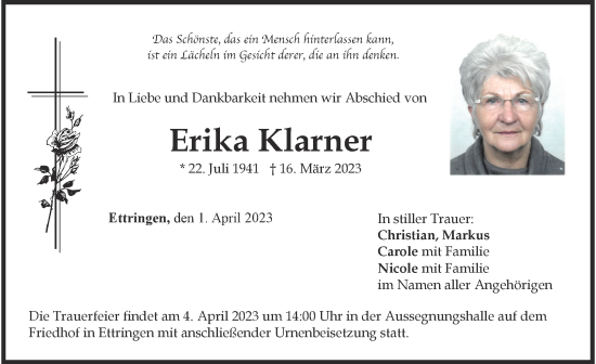 Traueranzeige von Erika Klarner von Mindelheimer Zeitung