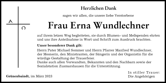 Traueranzeige von Erna Wundlechner von Augsburg-Land