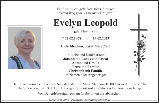 Traueranzeige von Evelyn Leopold von Mittelschwäbische Nachrichten