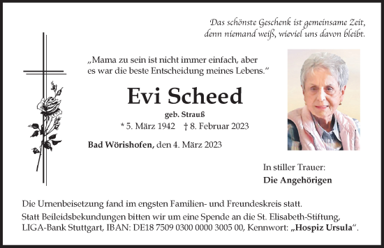 Traueranzeige von Evi Scheed von Mindelheimer Zeitung