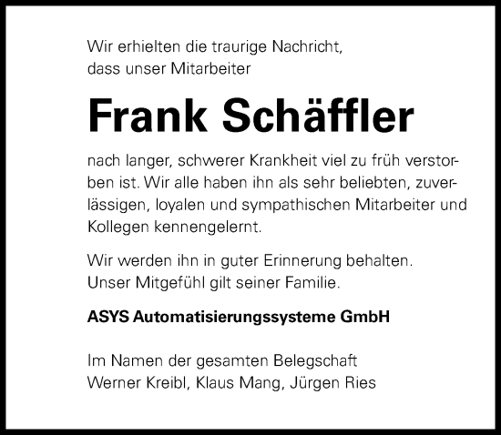 Traueranzeige von Frank Schäffler von Günzburger Zeitung