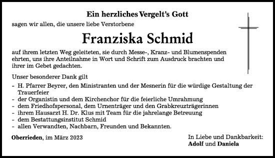 Traueranzeige von Franziska Schmid von Mindelheimer Zeitung