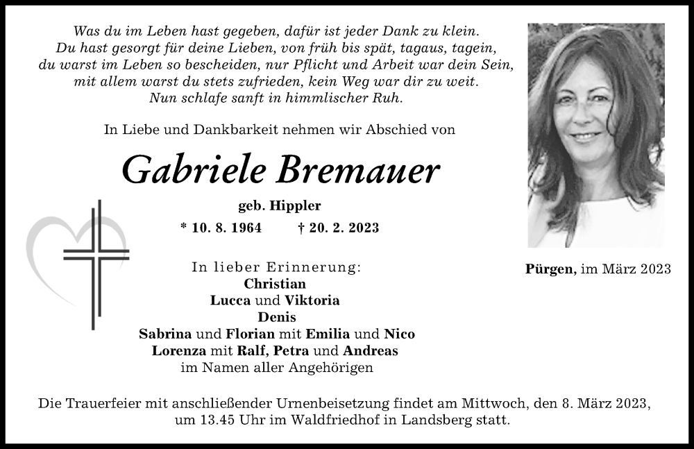  Traueranzeige für Gabriele Bremauer vom 04.03.2023 aus Landsberger Tagblatt