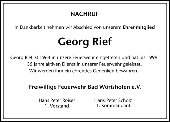 Traueranzeige von Georg Rief von Mindelheimer Zeitung