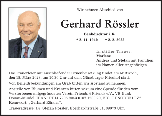 Traueranzeige von Gerhard Rössler von Günzburger Zeitung