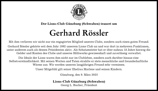 Traueranzeige von Gerhard Rössler von Günzburger Zeitung