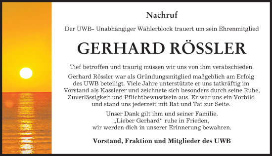 Traueranzeige von Gerhard Rössler von Günzburger Zeitung