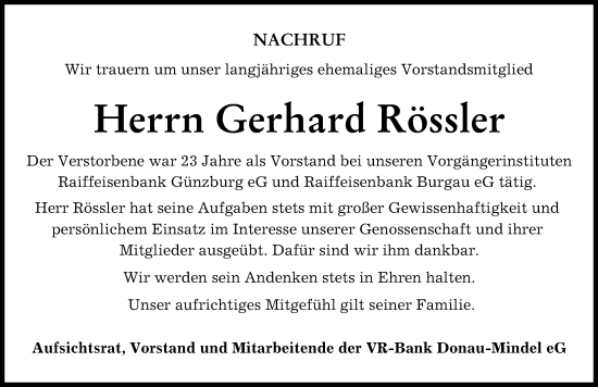 Traueranzeige von Gerhard Rössler von Günzburger Zeitung
