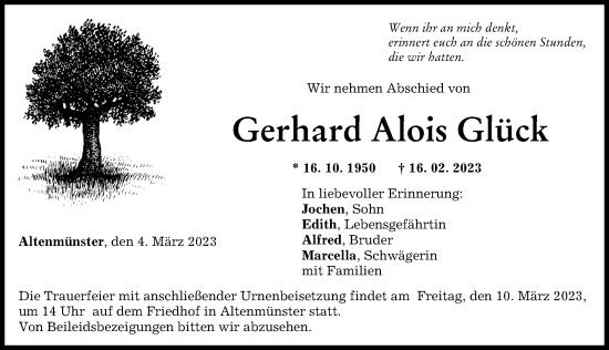 Traueranzeige von Gerhard Alois Glück von Günzburger Zeitung, Wertinger Zeitung, Augsburg-Land, Donau Zeitung