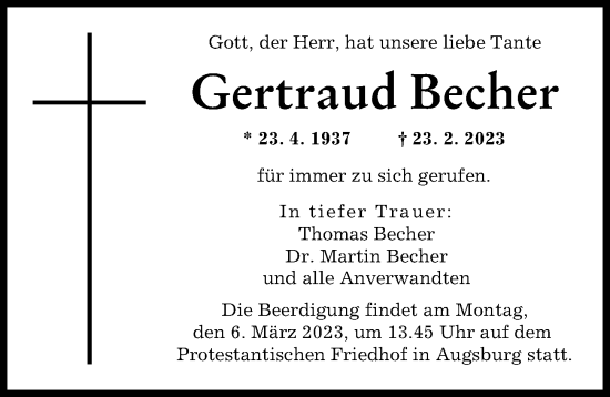 Traueranzeige von Gertraud Becher von Augsburger Allgemeine