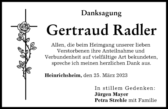 Traueranzeige von Gertraud Radler von Neuburger Rundschau