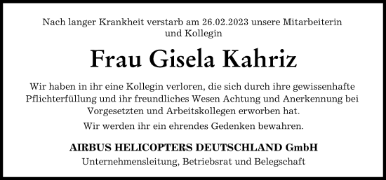 Traueranzeige von Gisela Kahriz von Donauwörther Zeitung