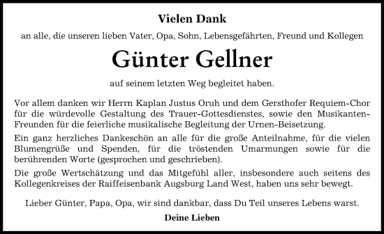 Traueranzeige von Günter Gellner von Augsburger Allgemeine