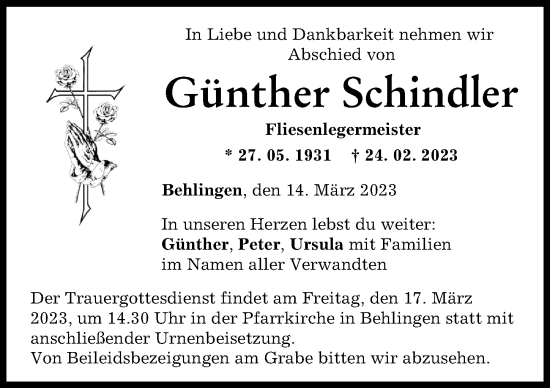 Traueranzeige von Günther Schindler von Günzburger Zeitung