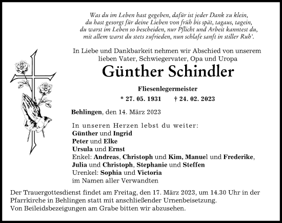 Traueranzeige von Günther Schindler von Mittelschwäbische Nachrichten