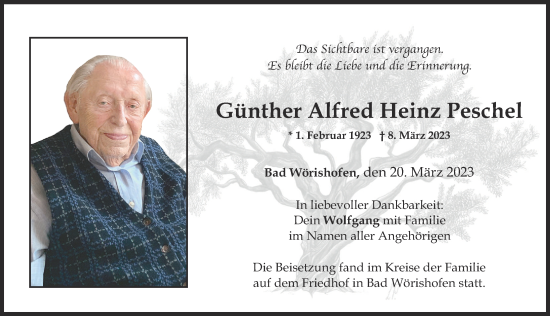 Traueranzeige von Günther Alfred Heinz Peschel von Mindelheimer Zeitung