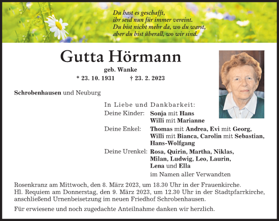 Traueranzeige von Gutta Hörmann von Neuburger Rundschau